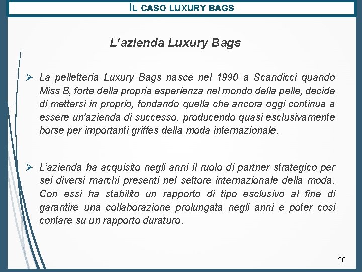 IL CASO LUXURY BAGS L’azienda Luxury Bags Ø La pelletteria Luxury Bags nasce nel