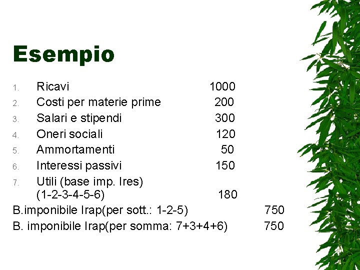 Esempio Ricavi 1000 2. Costi per materie prime 200 3. Salari e stipendi 300