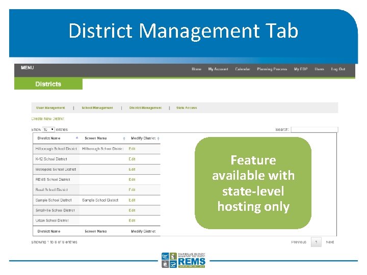 District Management Tab Feature available with state-level hosting only 