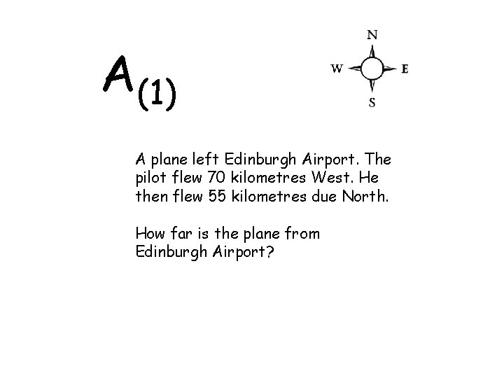 A(1) A plane left Edinburgh Airport. The pilot flew 70 kilometres West. He then