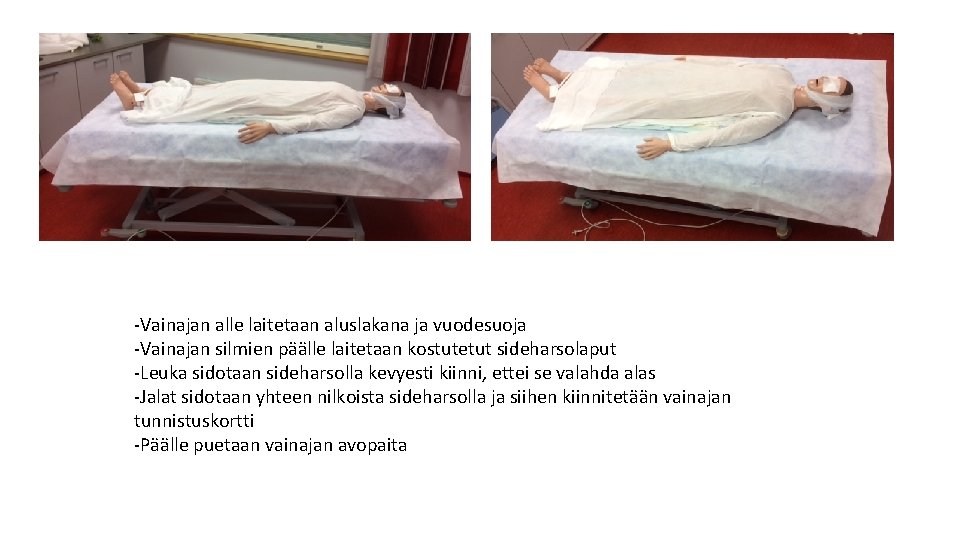 -Vainajan alle laitetaan aluslakana ja vuodesuoja -Vainajan silmien päälle laitetaan kostutetut sideharsolaput -Leuka sidotaan -Vainajan alle laitetaan aluslakana ja vuodesuoja -Vainajan silmien päälle laitetaan kostutetut sideharsolaput -Leuka sidotaan