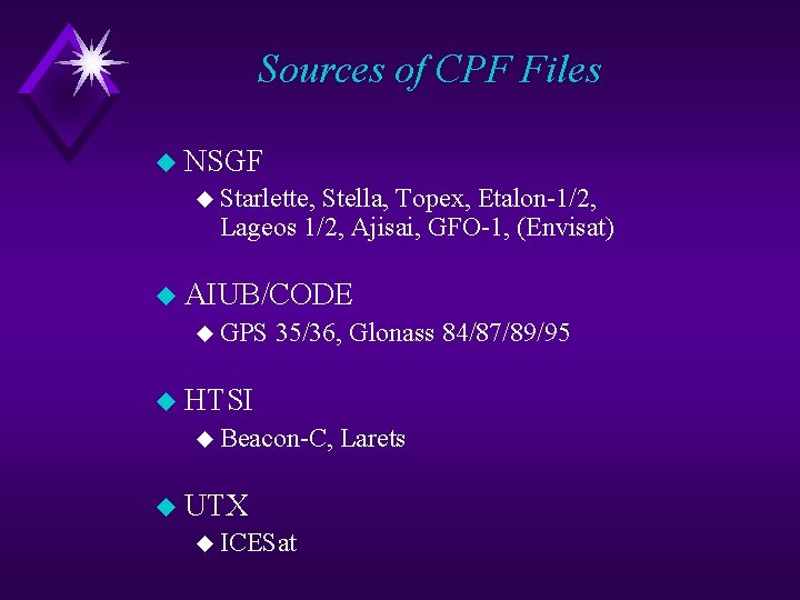 Sources of CPF Files u NSGF u Starlette, Stella, Topex, Etalon-1/2, Lageos 1/2, Ajisai, Sources of CPF Files u NSGF u Starlette, Stella, Topex, Etalon-1/2, Lageos 1/2, Ajisai,
