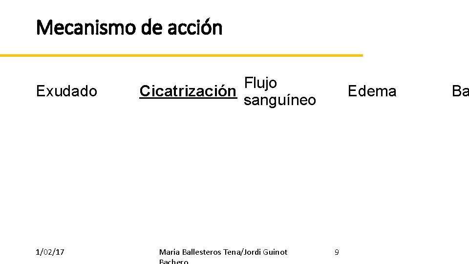 Mecanismo de acción Exudado 1/02/17 Flujo Cicatrización sanguíneo Maria Ballesteros Tena/Jordi Guinot Edema 9