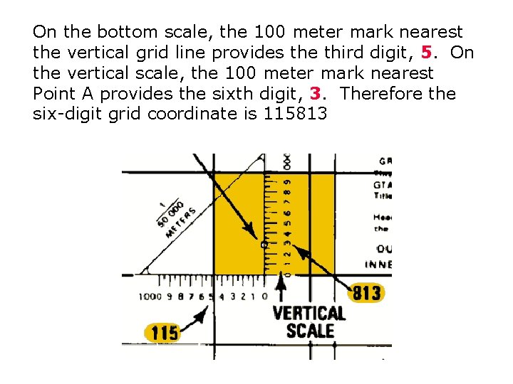 On the bottom scale, the 100 meter mark nearest the vertical grid line provides