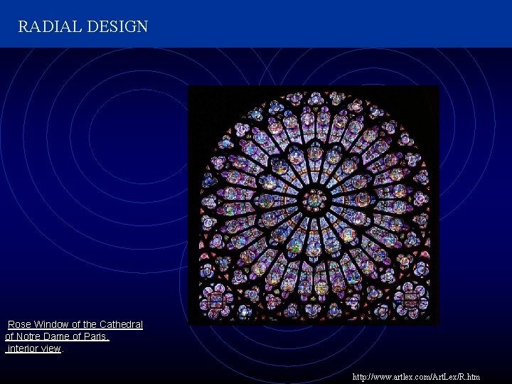 RADIAL DESIGN Rose Window of the Cathedral of Notre Dame of Paris, interior view.