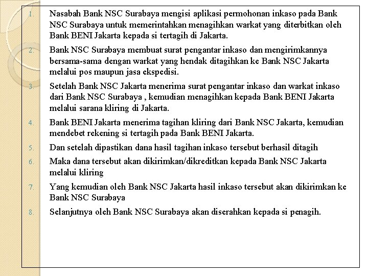 1. Nasabah Bank NSC Surabaya mengisi aplikasi permohonan inkaso pada Bank NSC Surabaya untuk