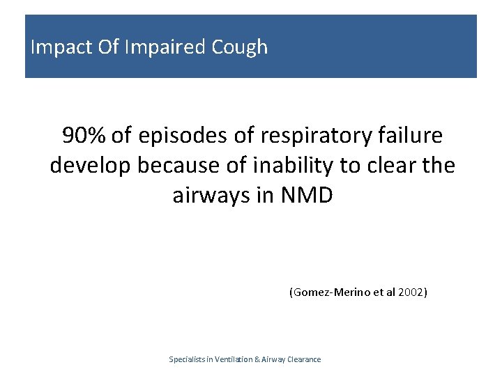 Impact Of Impaired Cough 90% of episodes of respiratory failure develop because of inability