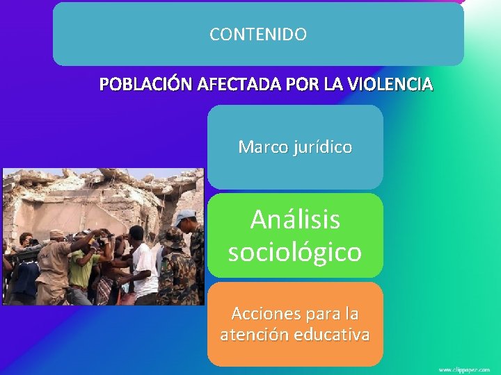 CONTENIDO POBLACIÓN AFECTADA POR LA VIOLENCIA Marco jurídico Análisis sociológico Acciones para la atención