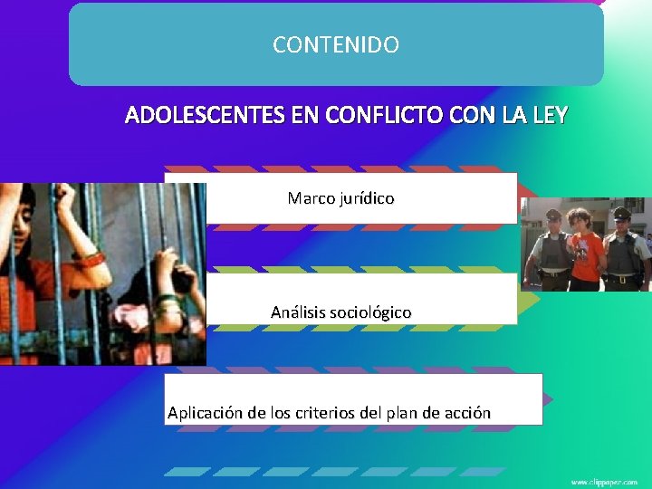 CONTENIDO ADOLESCENTES EN CONFLICTO CON LA LEY Marco jurídico Análisis sociológico Aplicación de los