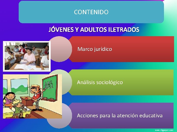 CONTENIDO JÓVENES Y ADULTOS ILETRADOS Marco jurídico Análisis sociológico Acciones para la atención educativa