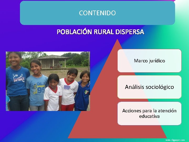 CONTENIDO POBLACIÓN RURAL DISPERSA Marco jurídico Análisis sociológico Acciones para la atención educativa 