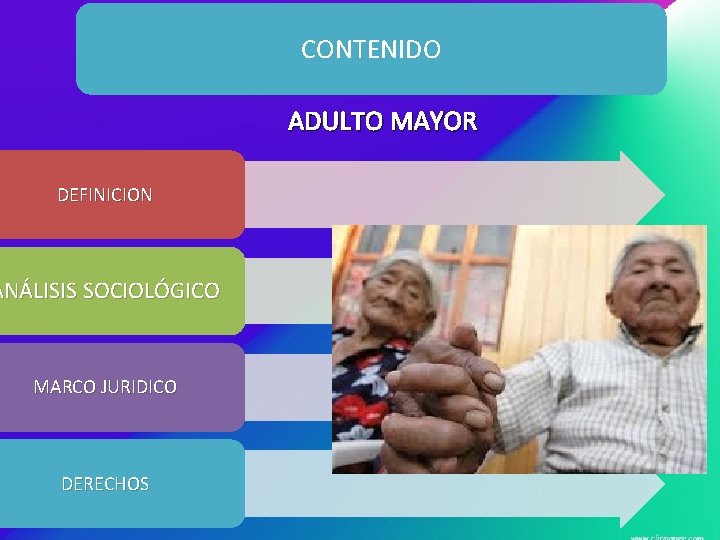 CONTENIDO ADULTO MAYOR DEFINICION ANÁLISIS SOCIOLÓGICO MARCO JURIDICO DERECHOS 