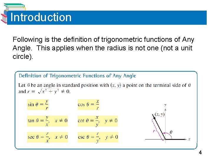 Introduction Following is the definition of trigonometric functions of Any Angle. This applies when