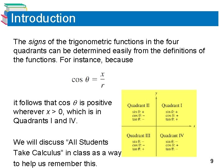 Introduction The signs of the trigonometric functions in the four quadrants can be determined