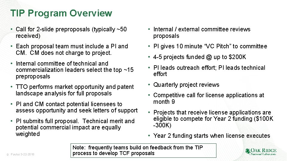 TIP Program Overview • Call for 2 -slide preproposals (typically ~50 received) • Internal