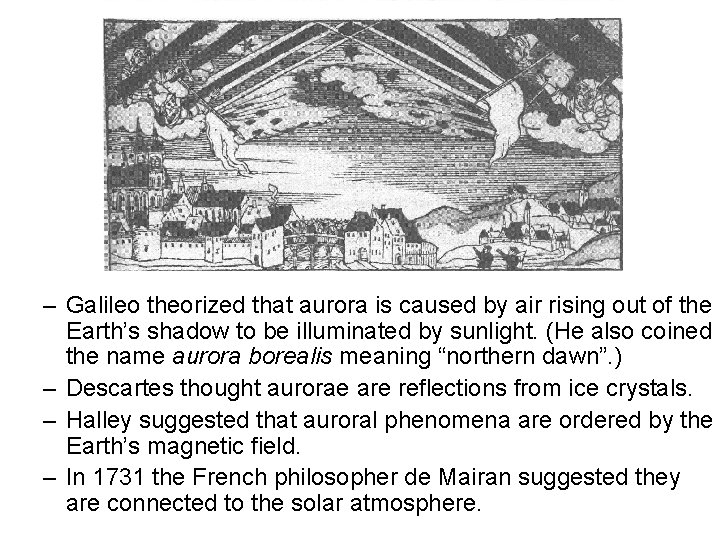 – Galileo theorized that aurora is caused by air rising out of the Earth’s