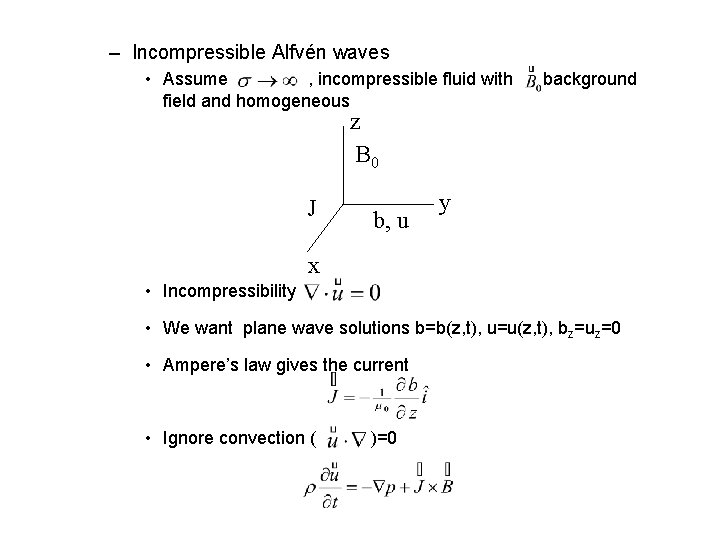 – Incompressible Alfvén waves • Assume , incompressible fluid with field and homogeneous background