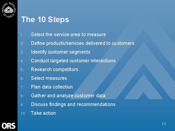 The 10 Steps 1. Select the service area to measure 2. Define products/services delivered