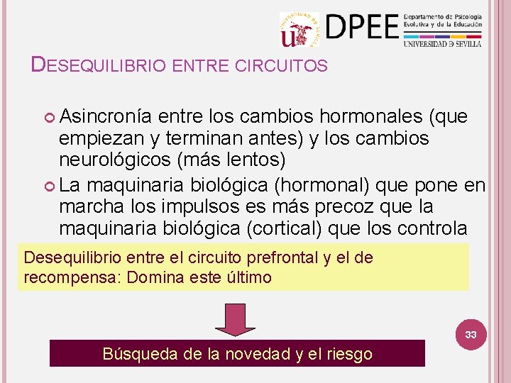 DESEQUILIBRIO ENTRE CIRCUITOS Asincronía entre los cambios hormonales (que empiezan y terminan antes) y