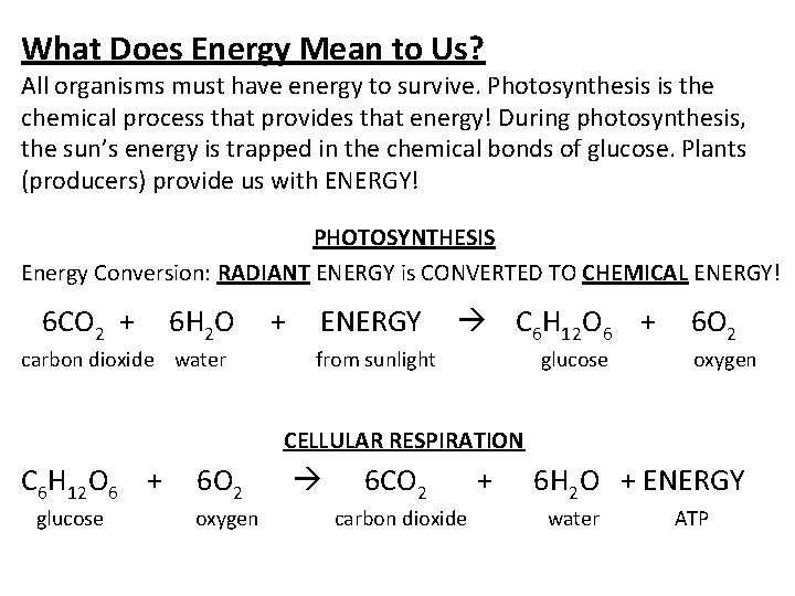 What Does Energy Mean to Us? All organisms must have energy to survive. Photosynthesis