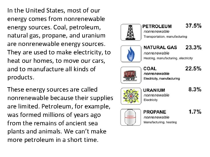 In the United States, most of our energy comes from nonrenewable energy sources. Coal,