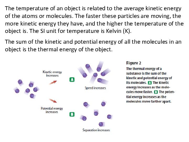 The temperature of an object is related to the average kinetic energy of the