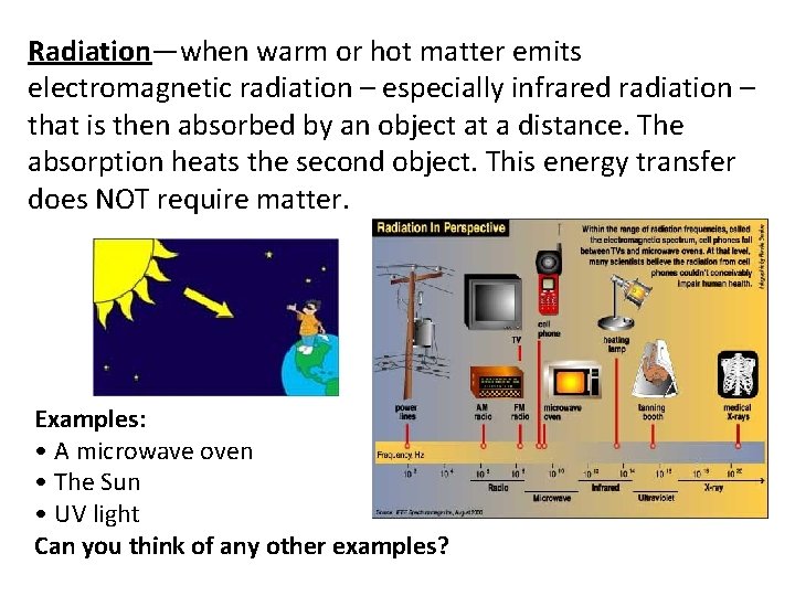 Radiation—when warm or hot matter emits electromagnetic radiation – especially infrared radiation – that