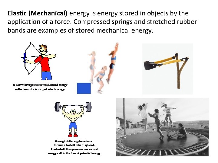 Elastic (Mechanical) energy is energy stored in objects by the application of a force.