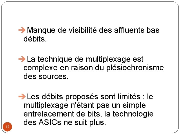  Manque de visibilité des affluents bas débits. La technique de multiplexage est complexe