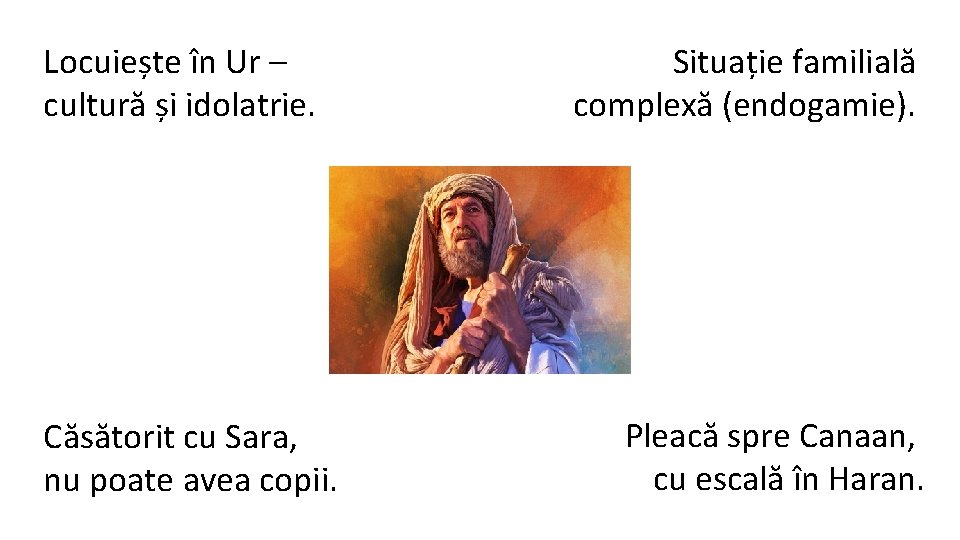 Locuiește în Ur – cultură și idolatrie. Căsătorit cu Sara, nu poate avea copii.