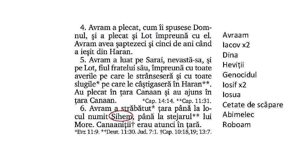 Avraam Iacov x 2 Dina Heviții Genocidul Iosif x 2 Iosua Cetate de scăpare
