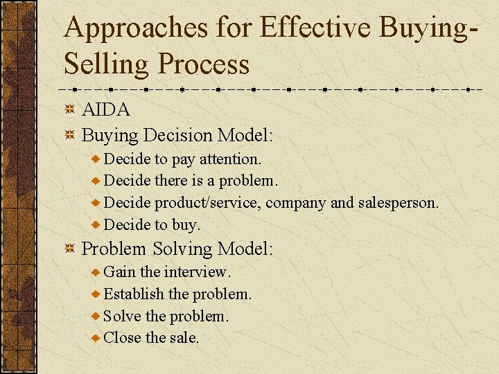 Approaches for Effective Buying. Selling Process AIDA Buying Decision Model: Decide to pay attention. Approaches for Effective Buying. Selling Process AIDA Buying Decision Model: Decide to pay attention.