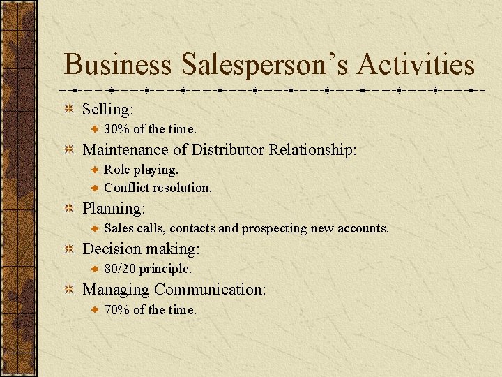 Business Salesperson’s Activities Selling: 30% of the time. Maintenance of Distributor Relationship: Role playing. Business Salesperson’s Activities Selling: 30% of the time. Maintenance of Distributor Relationship: Role playing.