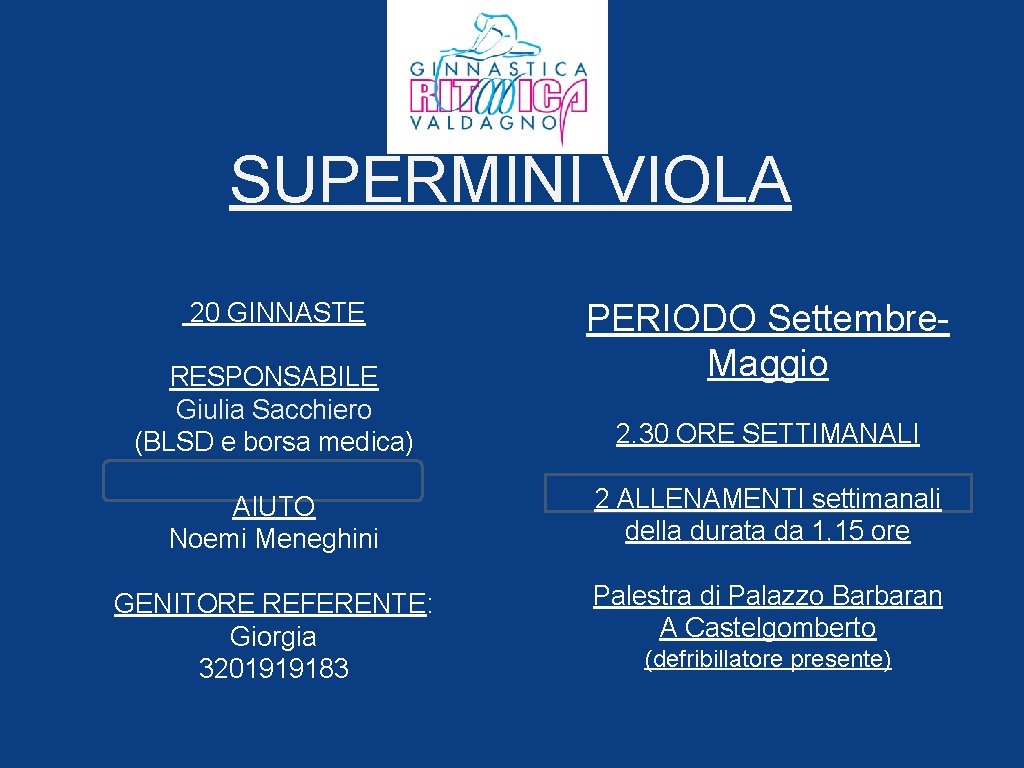SUPERMINI VIOLA 20 GINNASTE RESPONSABILE Giulia Sacchiero (BLSD e borsa medica) PERIODO Settembre. Maggio