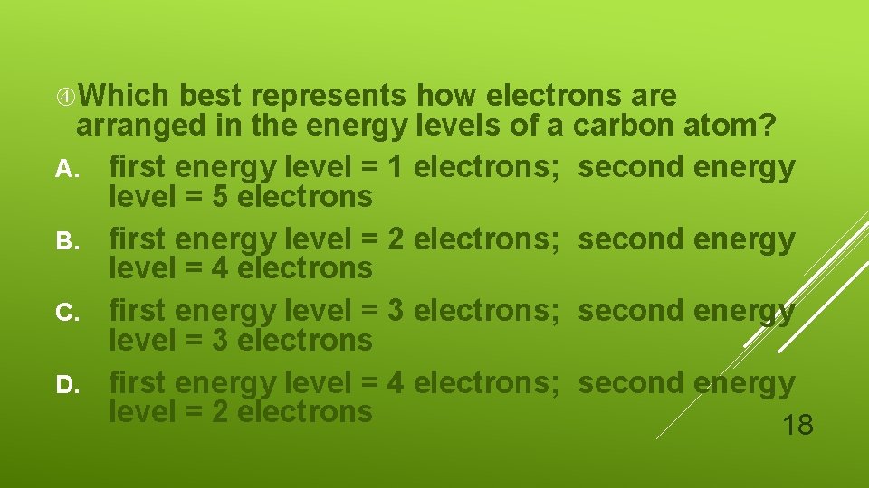  Which best represents how electrons are arranged in the energy levels of a