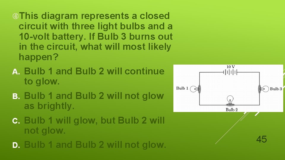  This diagram represents a closed circuit with three light bulbs and a 10