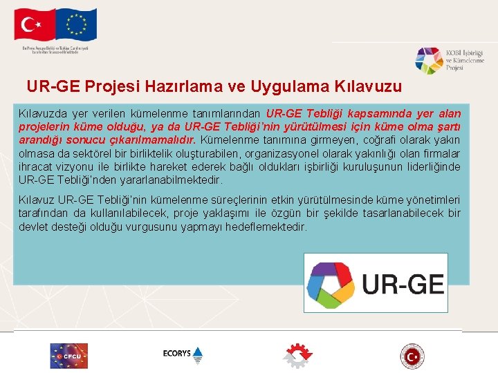 UR-GE Projesi Hazırlama ve Uygulama Kılavuzu Kılavuzda yer verilen kümelenme tanımlarından UR-GE Tebliği kapsamında