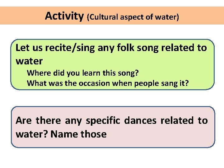 Activity (Cultural aspect of water) Let us recite/sing any folk song related to water