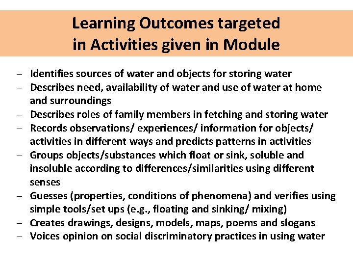 Learning Outcomes targeted in Activities given in Module - Identifies sources of water and