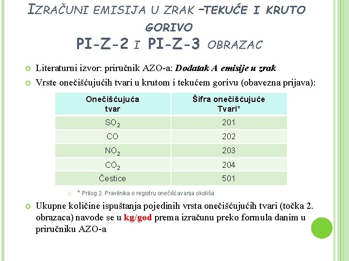 IZRAČUNI EMISIJA U ZRAK –TEKUĆE I KRUTO GORIVO PI-Z-2 I PI-Z-3 Literaturni izvor: priručnik