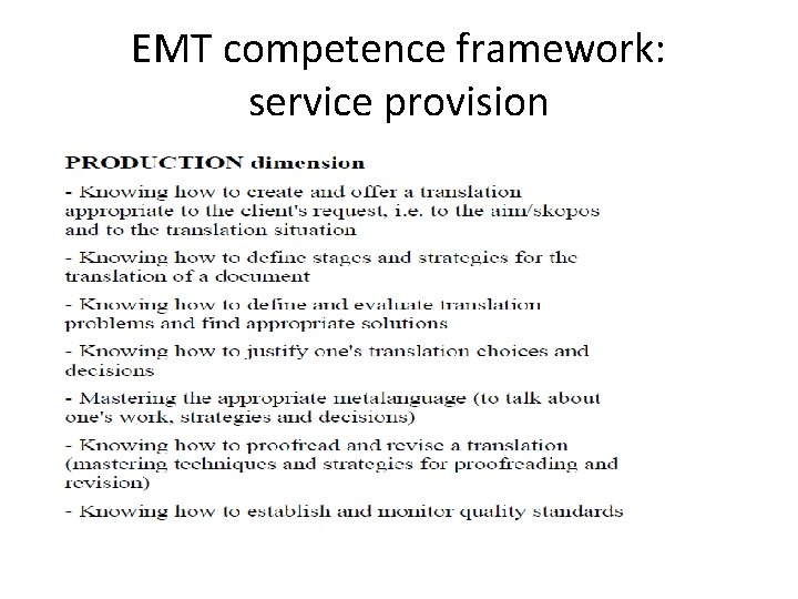 EMT competence framework: service provision 