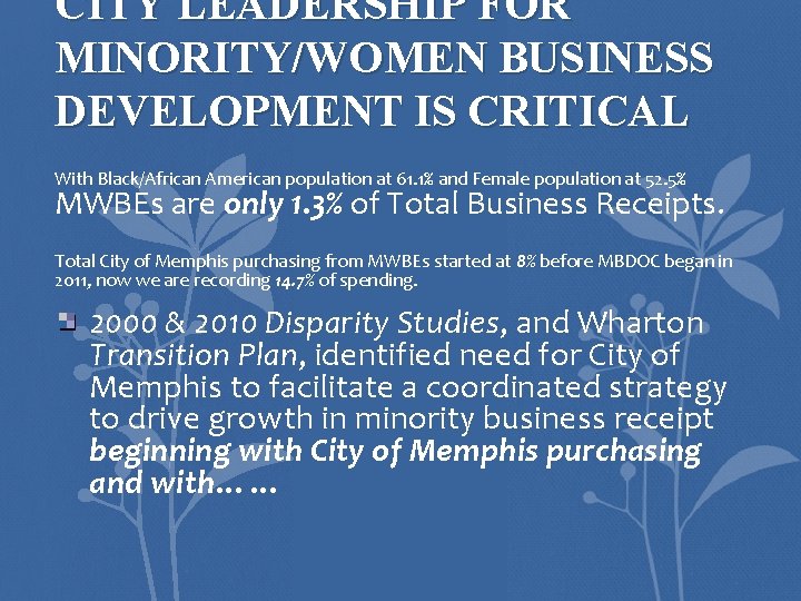 CITY LEADERSHIP FOR MINORITY/WOMEN BUSINESS DEVELOPMENT IS CRITICAL With Black/African American population at 61.