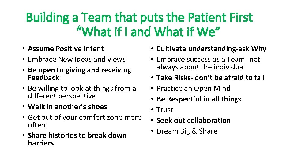 Building a Team that puts the Patient First “What if I and What if