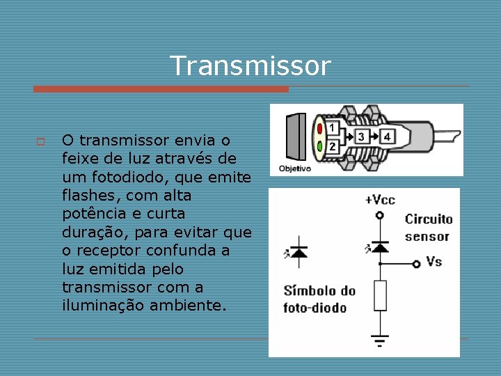 Transmissor o O transmissor envia o feixe de luz através de um fotodiodo, que