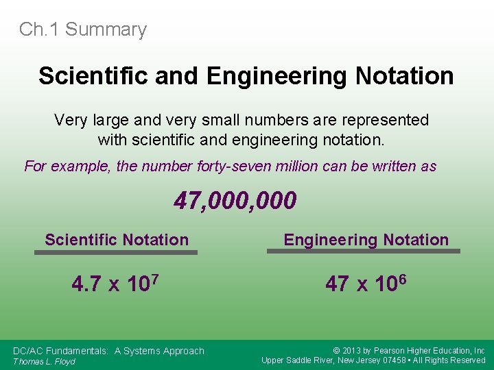 Ch. 1 Summary Scientific and Engineering Notation Very large and very small numbers are