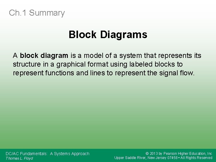 Ch. 1 Summary Block Diagrams A block diagram is a model of a system