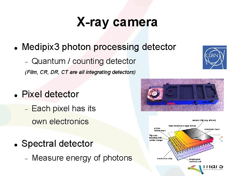X-ray camera Medipix 3 photon processing detector Quantum / counting detector (Film, CR, DR,