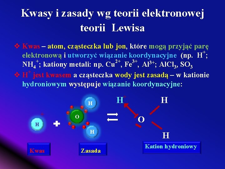 Kwasy i zasady wg teorii elektronowej teorii Lewisa v Kwas – atom, cząsteczka lub