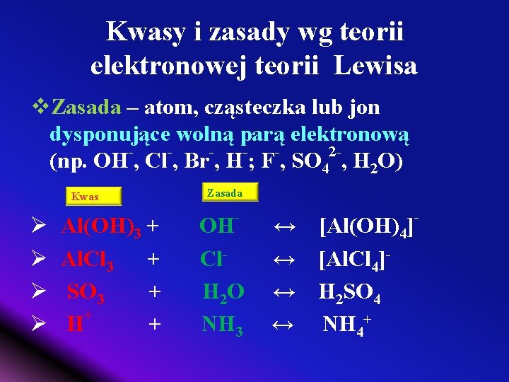 Kwasy i zasady wg teorii elektronowej teorii Lewisa v. Zasada – atom, cząsteczka lub