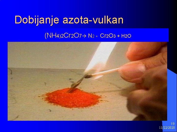 Dobijanje azota-vulkan (NH 4)2 Cr 2 O 7 N 2 + Cr 2 O